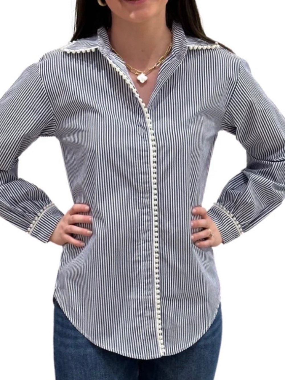 LIZA BYRD Pearl Trimmed Blouse, Blue/White, NWT